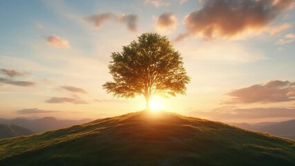 Leinwandbilder - Scenic shot of a lone tree atop a grassy hill bathed in the warm glow of the setting sun with clouds