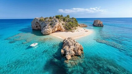 Poster - Aerial view of a small island with white sandy beach turquoise waters and a boat under a clear blue sky