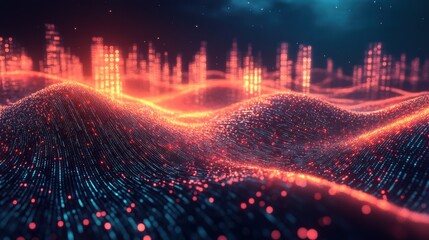 Wall Mural - abstract futuristic cityscape glowing on wavy terrain illuminated particles representing data flow a