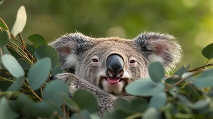 Poster - Close-up of koala with gray fur surrounded by green leaves and branches with blurred natural background