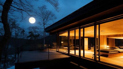 Poster - Modern cabin with large windows at night lit with warm lights. A full moon glows in the dark sky casting shadows over a wooden deck and forest
