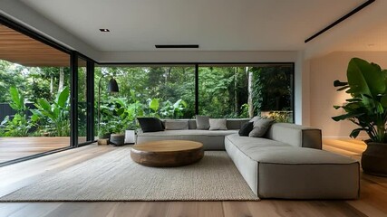 Aufkleber - Luxurious interior with large sofa wooden coffee table and floor-to-ceiling window showcasing lush greenery Natural light brightens the space with a relaxed atmosphere