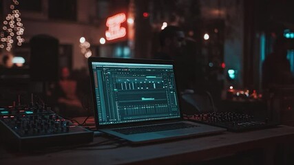 Aufkleber - Laptop displaying audio editing software and music production equipment on a table in a dimly lit room with blurred background with neon lights