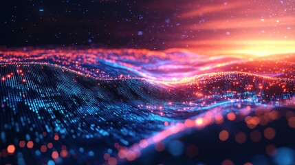 Wall Mural - abstract futuristic landscape with digital wave patterns glowing in blue and red seamless technology