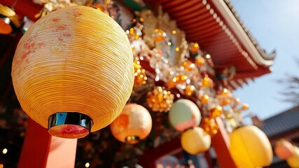Aufkleber - Close-up of vibrant yellow paper lanterns hanging in front of a traditional red and gold structure with a sunny blue sky background
