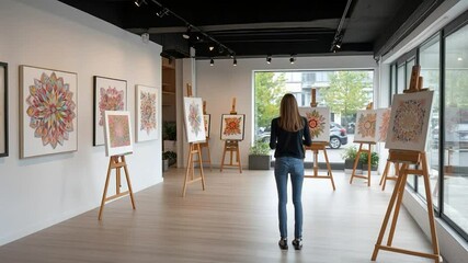 Aufkleber - A person in casual attire surveys floral watercolor art pieces in a contemporary art gallery. Artwork is mounted on easels and walls with bright daylight illumination