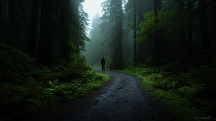 Poster - A lone figure walks down a winding path in a dense forest shrouded in mist. Lush green foliage lines the route. Atmospheric and moody