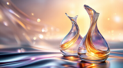 Poster - Luxurious and minimalist 3D render of two slim glass bottles with elegant curves, set against glowing abstract background. scene exudes sophistication and modernity