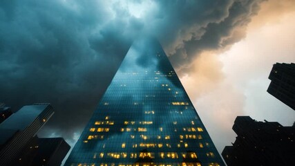 Poster - Low-angle view of skyscraper against a dramatic sky. The building has illuminated windows, set against a backdrop of dark clouds