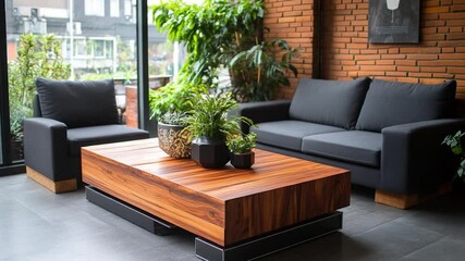 Aufkleber - Modern interior with a wooden coffee table black sofa and chair plants in pots against a brick wall and large windows