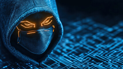 Aufkleber - Mysterious hooded figure with glowing eyes symbolizes concept of cybersecurity threats and vulnerabilities in digital world. background features circuit board pattern