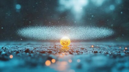 Poster - Glowing orb of light on textured surface with teal and orange accents in a dreamy atmospheric setting. The image features bokeh effect particles and a light beam