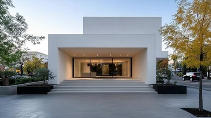 Poster - Modern architectural structure featuring a white facade with a glass entrance framed by a covered porch. The building is set against a clear sky with surrounding trees and urban elements. The