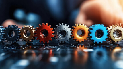 Leinwandbilder - Row of colorful gears in various sizes is aligned on dark surface, symbolizing teamwork and innovation. vibrant colors and metallic texture create dynamic and futuristic feel