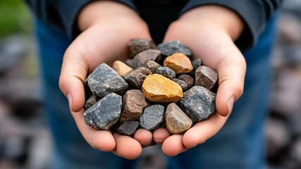 Poster - Close-up of hands holding various colorful stones. Neutral tones enhance the collection of natural materials. Selective focus highlights textures and shapes. A symbol of collection and discovery
