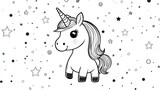 Cute, stylized unicorn illustration with detailed features against a starry background.  Fluffy mane and tail, large eyes, happy expression. Simple, black and white line art