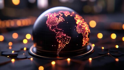 Aufkleber - A glowing digital globe in a dark setting is surrounded by bokeh lights emphasizing global connections and data transfer in a futuristic theme