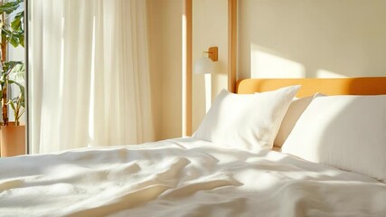 Aufkleber - Bright bedroom interior with white bedding soft curtains and a warm light illuminating the scene creating a cozy and inviting atmosphere