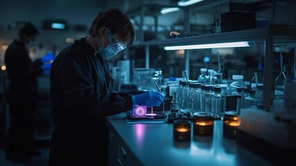 Leinwandbilder - Scientist in dark lab coat working with test tubes under cool blue light and violet light effect. Candlelight adds a warm, inviting atmosphere