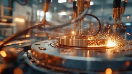 Aufkleber - Close-up of automated machine processing metal parts with sparking effect during manufacturing process. Showcasing precision engineering in a factory setting