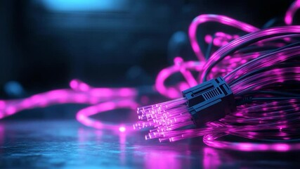 Leinwandbilder - Close up of a bundle of fiber optic cables with glowing pink light strands and a black connector on a blue reflective surface against a blurred background