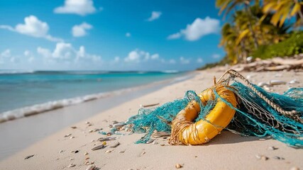 Poster - Coastal scene with generic buoy and turquoise fishing net on sandy beach under clear blue sky. Tranquil ocean vista with palm trees. Day time