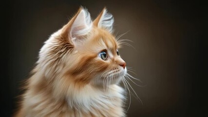 Poster - Portrait of a cute fluffy ginger cat with green eyes against a blurred brown background. Soft lighting creates a warm, inviting atmosphere