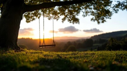 Leinwandbilder - Tranquil shot of a generic object at sunset against a landscape of rolling hills, trees and sky. Golden hour lighting with vibrant colors for peaceful atmosphere