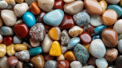 Poster - Close-up view of a collection of polished stones in various colors including red blue yellow brown and gray showcasing different textures and shapes
