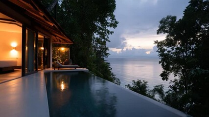 Aufkleber - Serene ocean view at dusk from a luxury villa with an infinity pool and lush tropical foliage and illuminated interior lighting a calming atmosphere