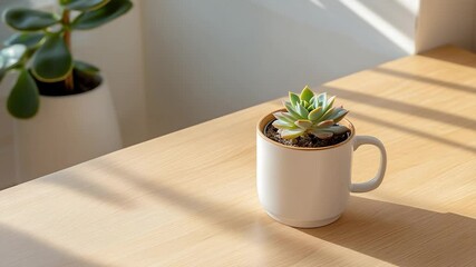Poster - Close-up of a succulent plant in a white mug on a wooden table with sunlight streaming through a window near a second plant