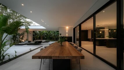 Aufkleber - Expansive modern outdoor dining area with a wooden table chairs and lush greenery reflected in glass. Featuring a long wooden dining table, outdoor seating arrangements, and stylish lighting