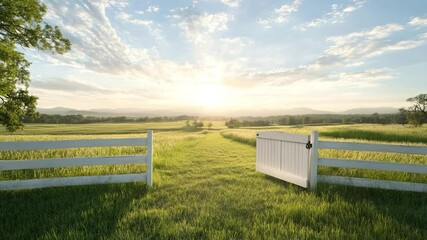 Poster - Idyllic rural landscape with a white fence and gate leading to a vibrant green meadow under a bright sky. The open gate symbolizes access and freedom on a sunny day
