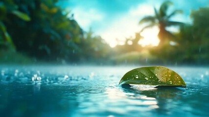 Poster - A close-up shot captures a vibrant green leaf floating in water as rain falls with blurred lush greenery and a sunlit sky in background