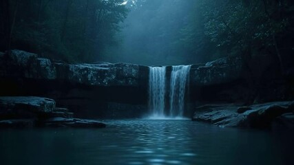 Poster - A tranquil scene showcases a waterfall cascading into a pool amidst a misty forest. The image is dominated by dark hues and a sense of peace