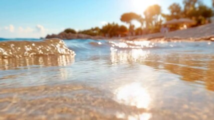Aufkleber - Low angle shot of ocean waves, with golden sunlight reflecting on the surface. Includes blue sky, beach and trees in the blurry background