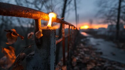 Aufkleber - A low angle view of candle on a weathered railing at dusk. The scene evokes a moody atmosphere with cool tones and a vibrant sunset