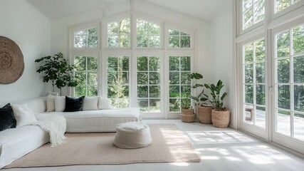 Poster - Bright interior featuring a white sofa with cushions plants and light from the window. Soft tones create a peaceful ambiance