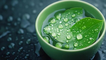 Aufkleber - Close up of green cup with water and fresh leaves with water drops on a wet surface creating serene atmosphere