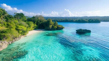 Poster - Aerial view of a tropical beach with clear turquoise water lush green vegetation and a rock formation under a blue sky. The scene is sunlit showcasing natural beauty and tranquility