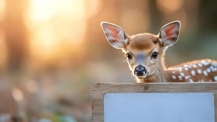 Aufkleber - A young animal with white spots is shown looking at the camera from behind a wooden board. The background features a blurred bokeh effect with warm golden light. The animal is looking at the camera