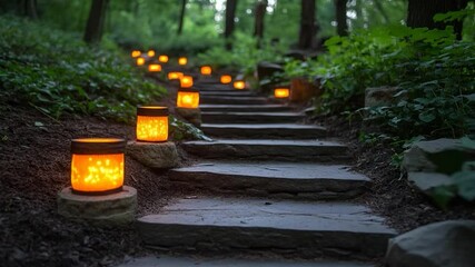 Aufkleber - Stone steps path with orange lights in a green forest environment at twilight giving a peaceful atmosphere. Forest stairs with orange lanterns. Evening scene in the woods illuminated by lights