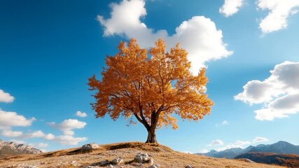 Aufkleber - Majestic golden tree stands on a hill against a vibrant blue sky filled with clouds and a radiant sun. Mountains in the background. A natural scene