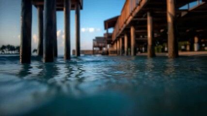 Aufkleber - Low-angle shot capturing the tranquil surface of the ocean with wooden pier structure in background. The frame is dominated by shades of blue and brown. The water is calm reflecting the sky