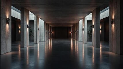 Aufkleber - A long concrete hallway with pillars illuminated by warm light fixtures creating reflections on the polished floor. Dark interior with hints of greenery