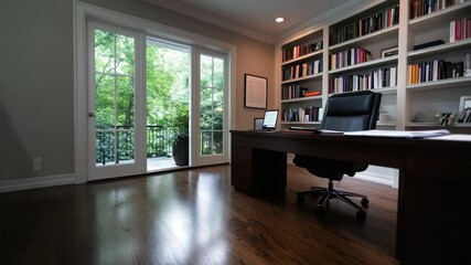 Poster - A modern home office showcases a dark wood desk a black leather chair and built-in bookshelves filled with books. French doors open to a lush green outdoor view creating a bright space