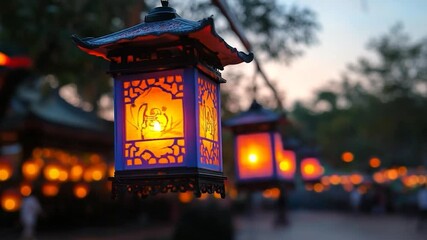 Aufkleber - Close-up of illuminated blue and orange lanterns hanging outdoors against a blurred background of evening light. Traditional design with a warm and inviting atmosphere