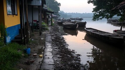 Poster - A tranquil scene in a waterside village. Boats line a reflective river. Buildings with yellow and blue facades meet a muddy path. The sky is overcast