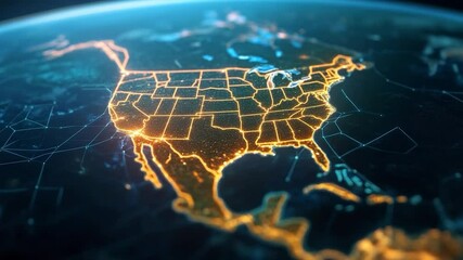 Aufkleber - Abstract representation of the map in glowing orange and yellow hues on a dark blue background with network lines. It's a digitally created image with a focus on data visualization