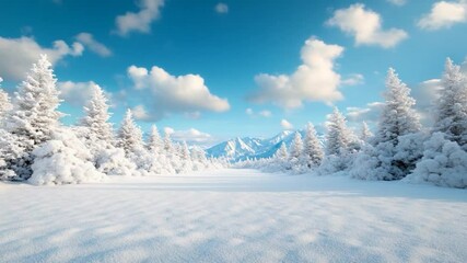 Poster - Winter landscape with snow-covered fir trees a snowy ground and mountains under a blue sky with clouds